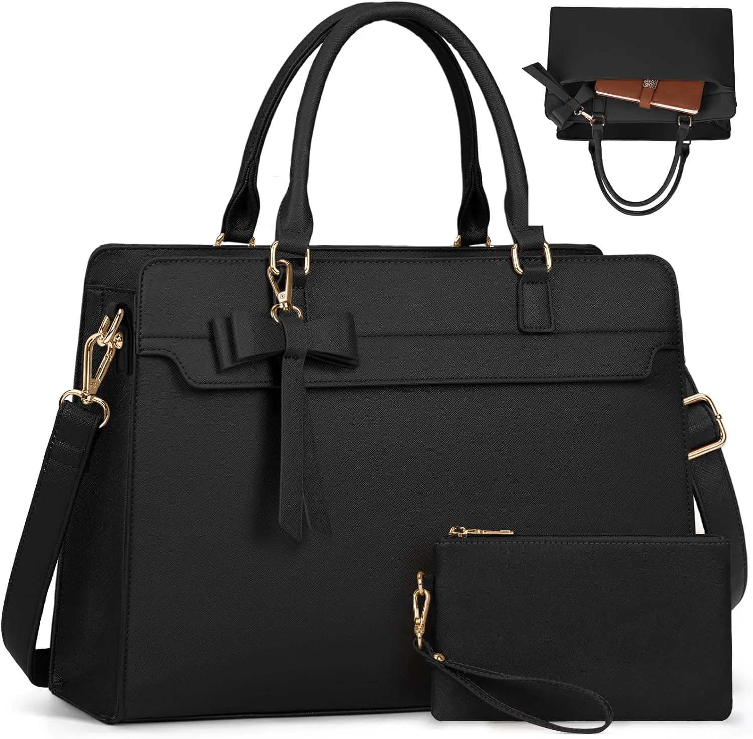 Laptop Bag for Women 15.6 inch Leather Laptop Tote Bag Large Computer Bag Waterproof Business Office Work Bag Briefcase with Satchel Purse 2pcs Set, Black