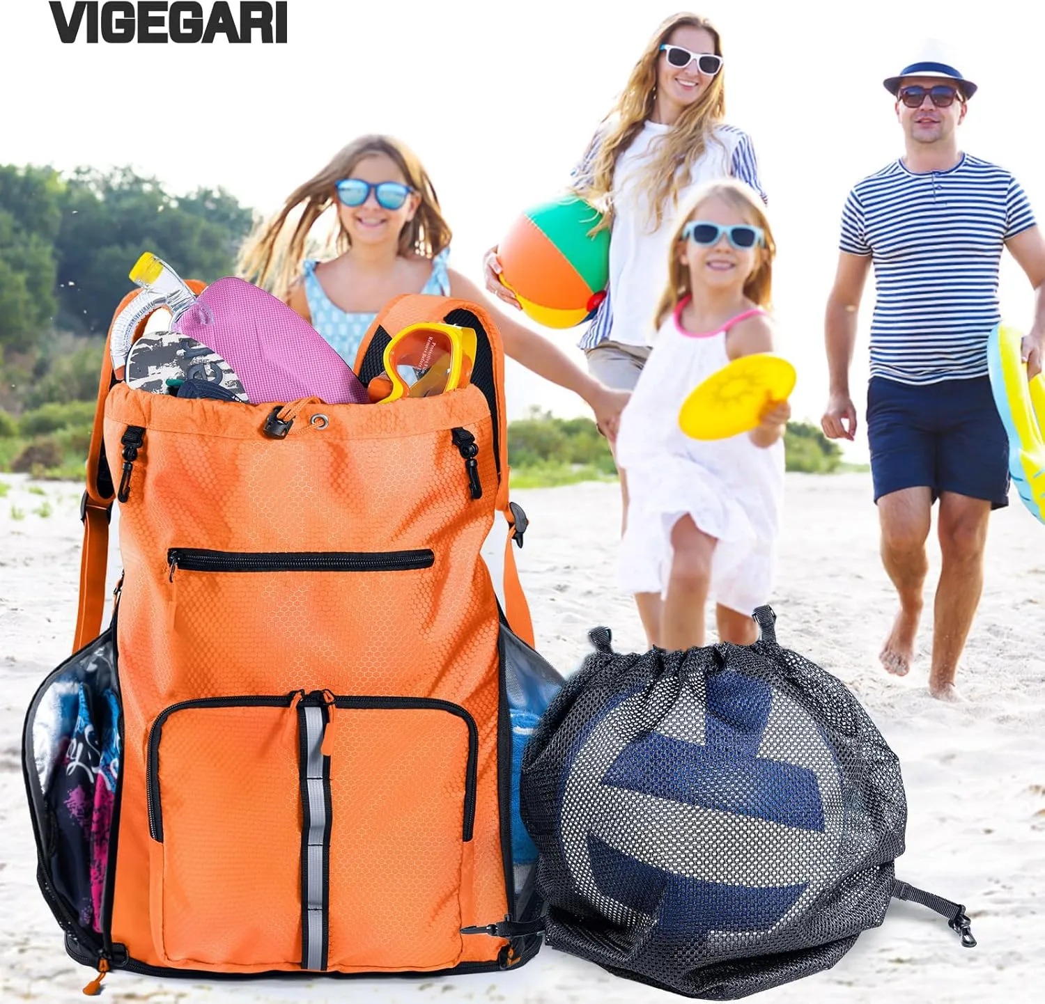 Large Beach Backpack Waterproof Sandproof - Customized Oversized Drawstring Pool Bag with Shoe Compartment for Toiletries, Towels, Gym, Travel