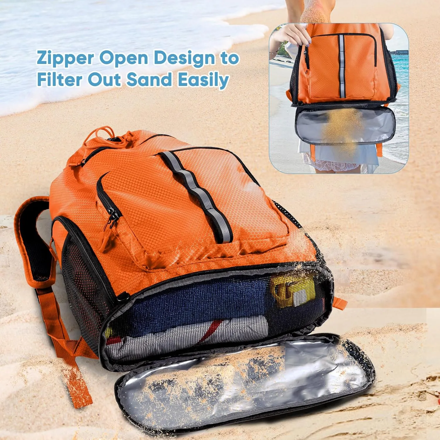 Large Beach Backpack Waterproof Sandproof - Customized Oversized Drawstring Pool Bag with Shoe Compartment for Toiletries, Towels, Gym, Travel