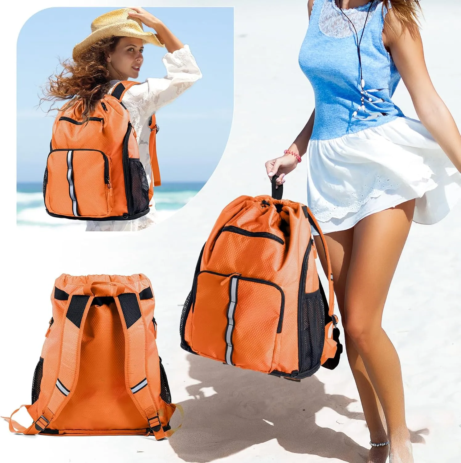 Large Beach Backpack Waterproof Sandproof - Customized Oversized Drawstring Pool Bag with Shoe Compartment for Toiletries, Towels, Gym, Travel