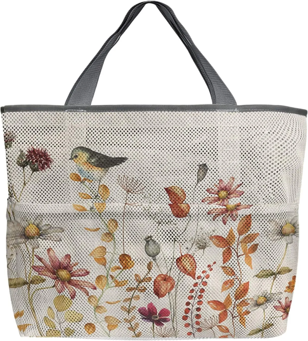 Large Beach Bag for Women, Fall Botanical Mesh Beach Tote with Pockets, Autumn Pastoral Flower Eucalyptus Leaves Birds Travel Toy Bag for Toys, Towel, Flip Flops