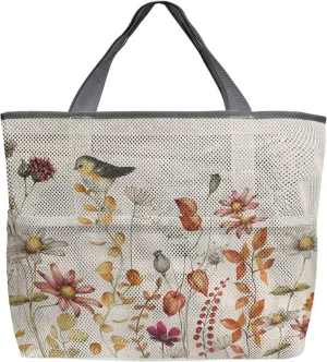 Large Beach Bag for Women, Fall Botanical Mesh Beach Tote with Pockets, Autumn Pastoral Flower Eucalyptus Leaves Birds Travel Toy Bag for Toys, Towel, Flip Flops