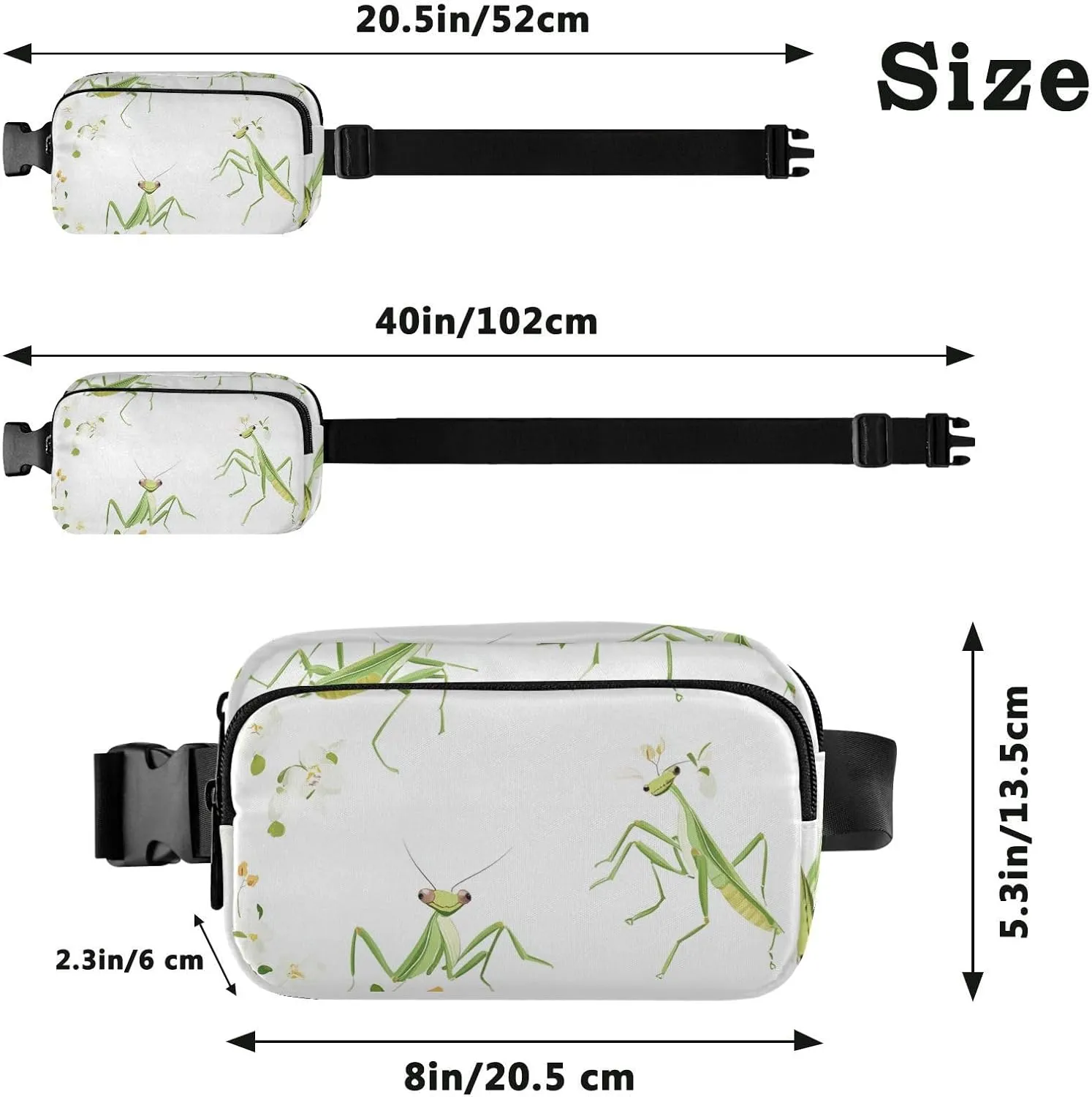 Large Capacity Fanny Pack, Cartoon Funny Mantis White, Women Men Waist Packs, Crossbody Sport Bags Bum Bag Belt with Adjustable Strap for Travel Running Hiking