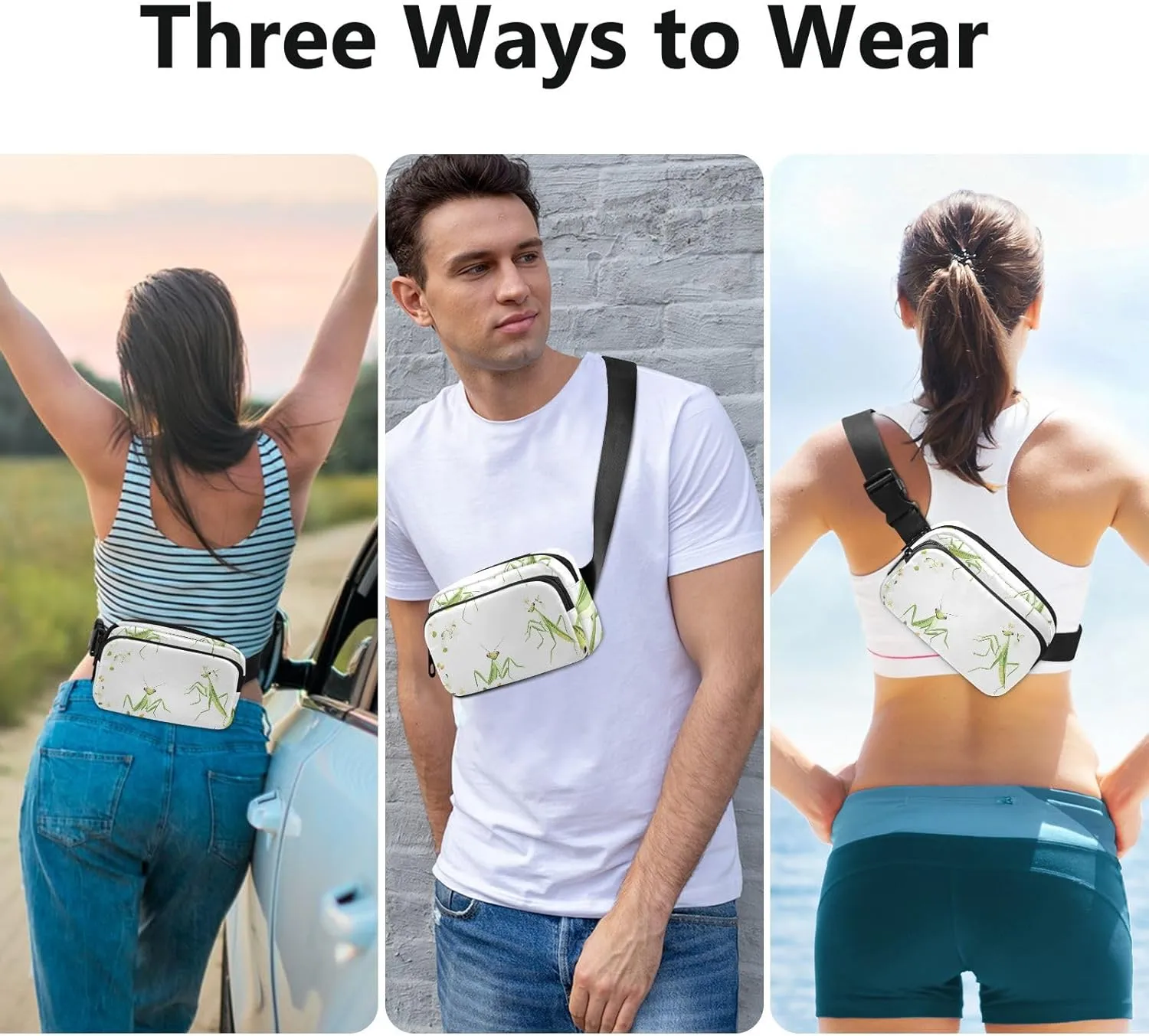 Large Capacity Fanny Pack, Cartoon Funny Mantis White, Women Men Waist Packs, Crossbody Sport Bags Bum Bag Belt with Adjustable Strap for Travel Running Hiking
