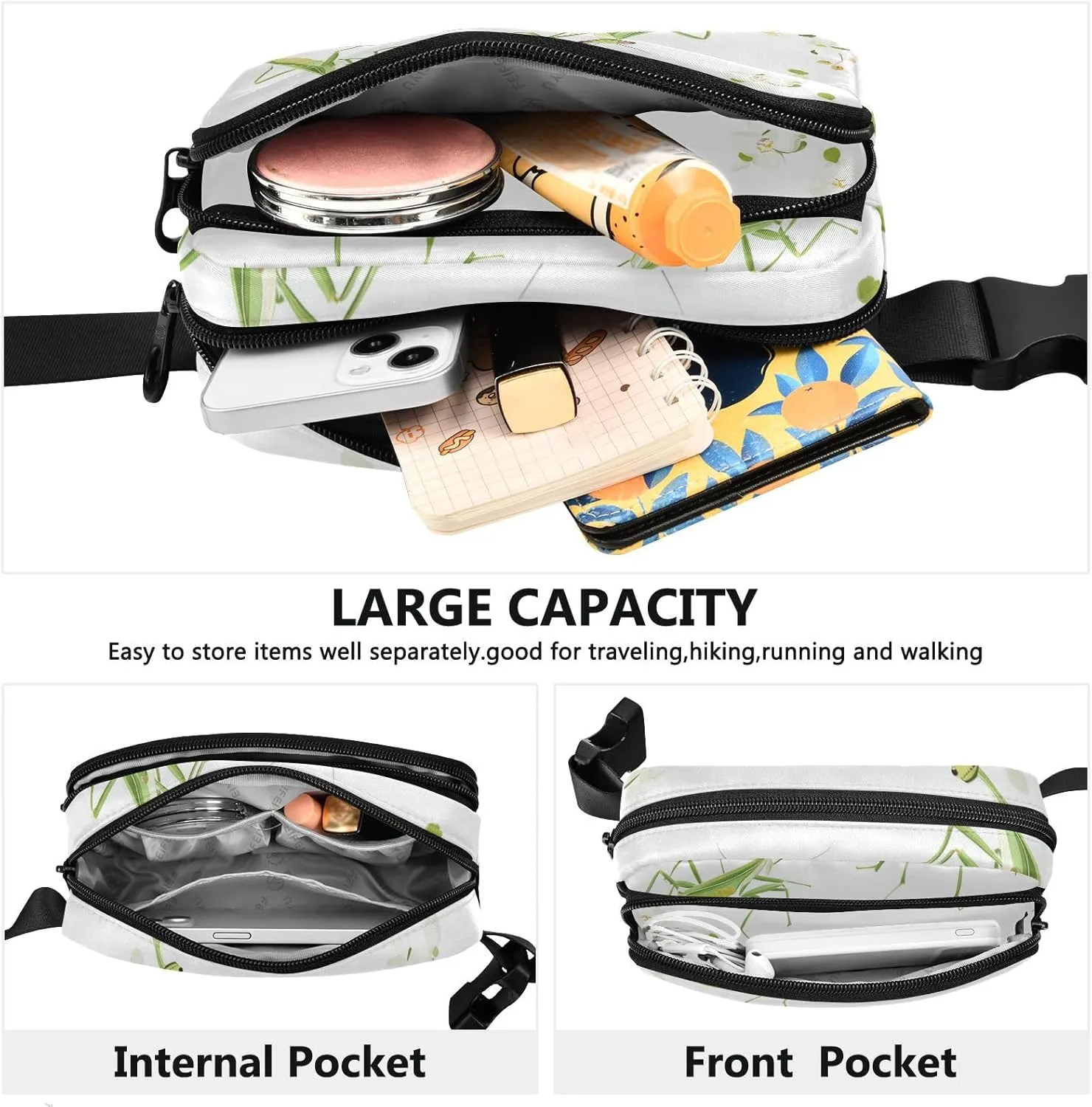 Large Capacity Fanny Pack, Cartoon Funny Mantis White, Women Men Waist Packs, Crossbody Sport Bags Bum Bag Belt with Adjustable Strap for Travel Running Hiking