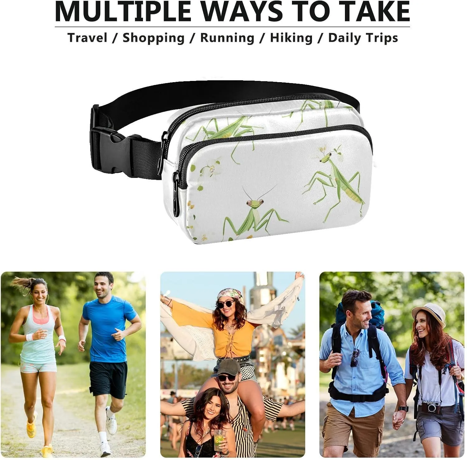 Large Capacity Fanny Pack, Cartoon Funny Mantis White, Women Men Waist Packs, Crossbody Sport Bags Bum Bag Belt with Adjustable Strap for Travel Running Hiking