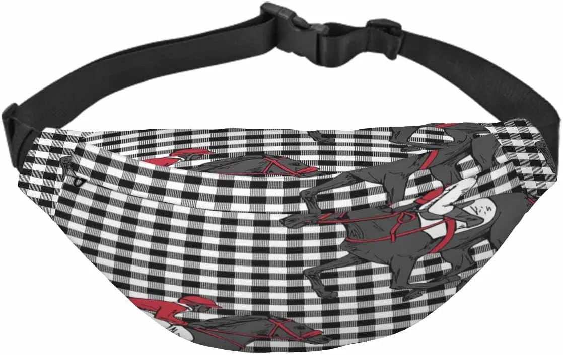 Large Crossbody Bag Waistpack Black White Beautiful Horse Rider Running Checkered Cartoon Leisure Sports Fanny Pack Zipper Bag for Running, Travel