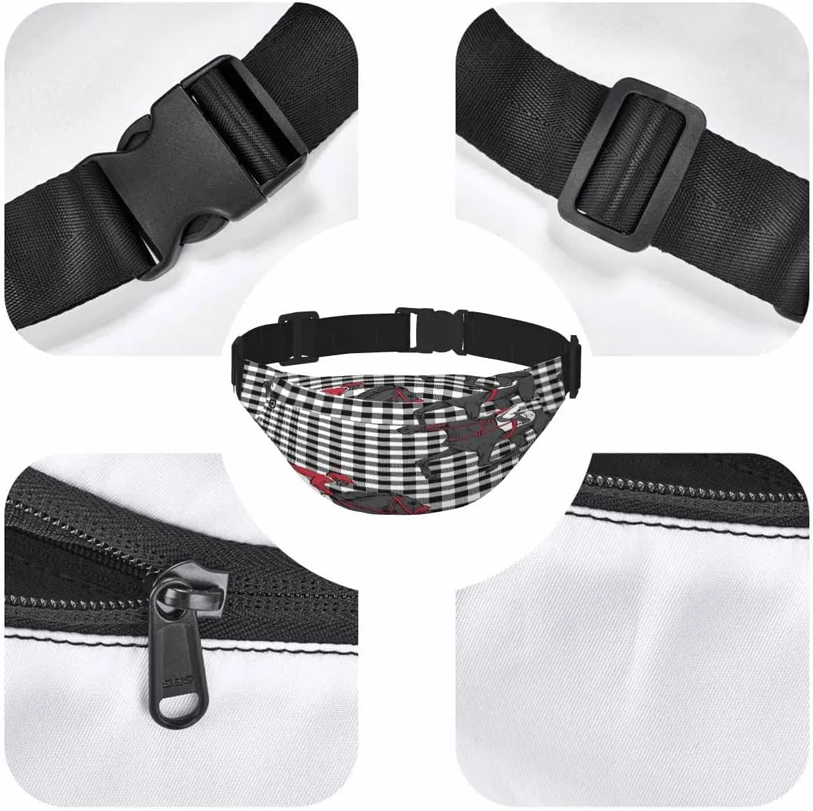 Large Crossbody Bag Waistpack Black White Beautiful Horse Rider Running Checkered Cartoon Leisure Sports Fanny Pack Zipper Bag for Running, Travel