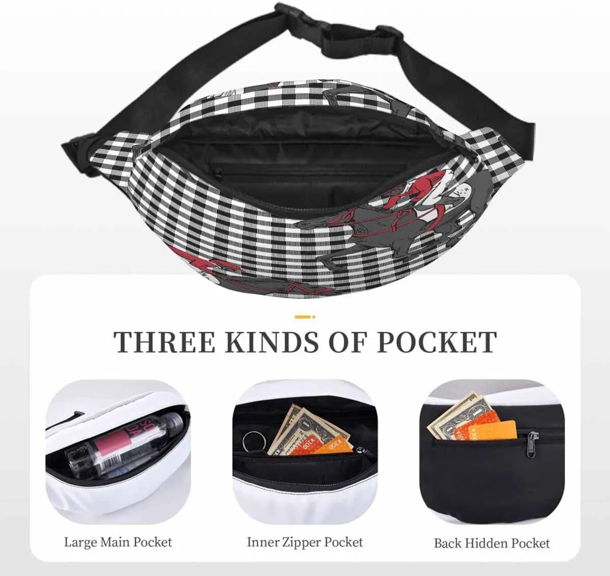 Large Crossbody Bag Waistpack Black White Beautiful Horse Rider Running Checkered Cartoon Leisure Sports Fanny Pack Zipper Bag for Running, Travel