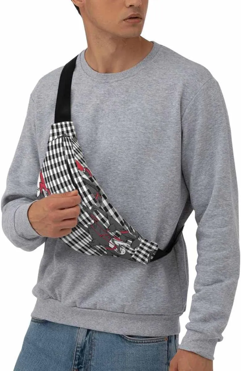 Large Crossbody Bag Waistpack Black White Beautiful Horse Rider Running Checkered Cartoon Leisure Sports Fanny Pack Zipper Bag for Running, Travel