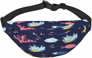 Large Crossbody Bag Waistpack Fish Cartoon Aqua Color Seaweed Coral Sea Ocean Leisure Sports Fanny Pack Zipper Bag for Running, Travel
