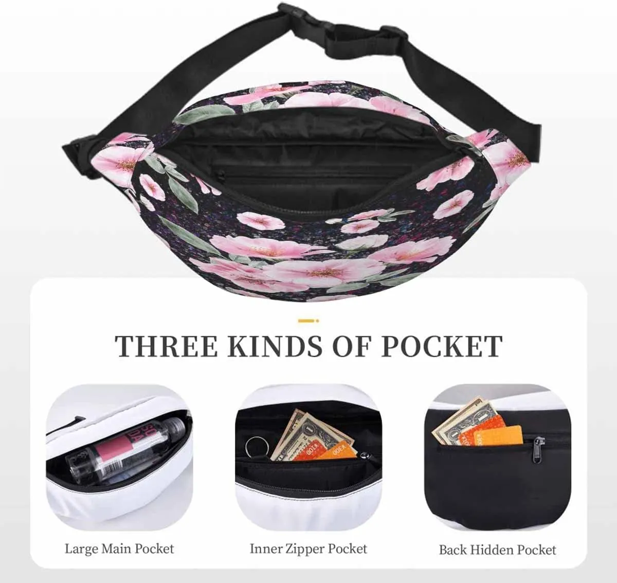 Large Crossbody Bag Waistpack Pink Wild Rose Flowers Clorful Leaf Blossom Beautiful Leisure Sports Fanny Pack Zipper Bag for Running, Travel