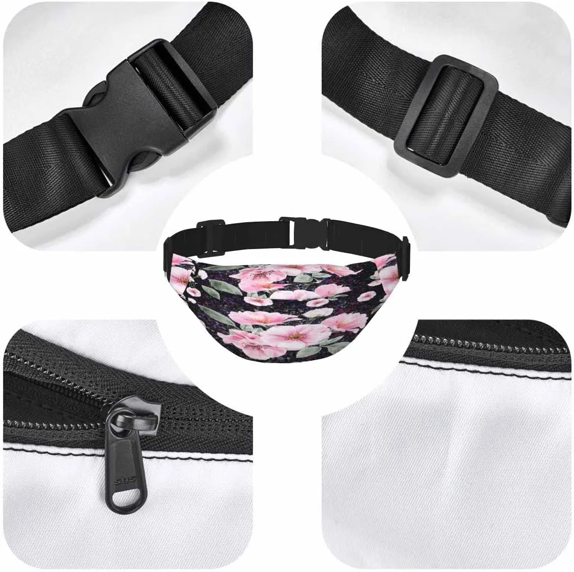 Large Crossbody Bag Waistpack Pink Wild Rose Flowers Clorful Leaf Blossom Beautiful Leisure Sports Fanny Pack Zipper Bag for Running, Travel