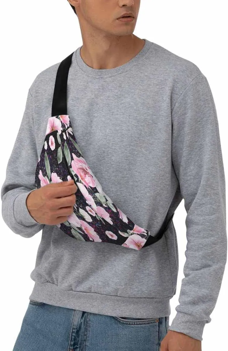 Large Crossbody Bag Waistpack Pink Wild Rose Flowers Clorful Leaf Blossom Beautiful Leisure Sports Fanny Pack Zipper Bag for Running, Travel