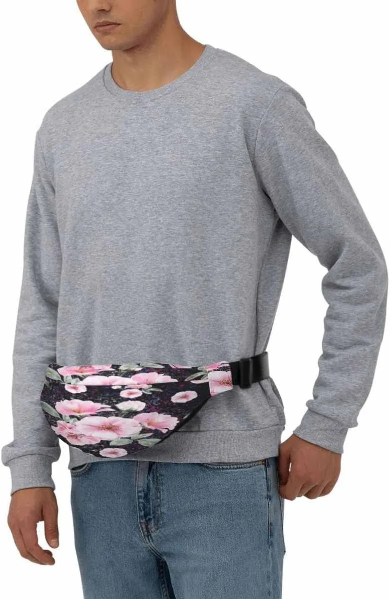 Large Crossbody Bag Waistpack Pink Wild Rose Flowers Clorful Leaf Blossom Beautiful Leisure Sports Fanny Pack Zipper Bag for Running, Travel