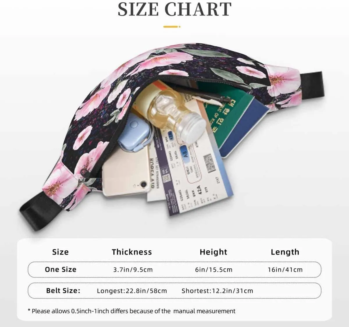 Large Crossbody Bag Waistpack Pink Wild Rose Flowers Clorful Leaf Blossom Beautiful Leisure Sports Fanny Pack Zipper Bag for Running, Travel