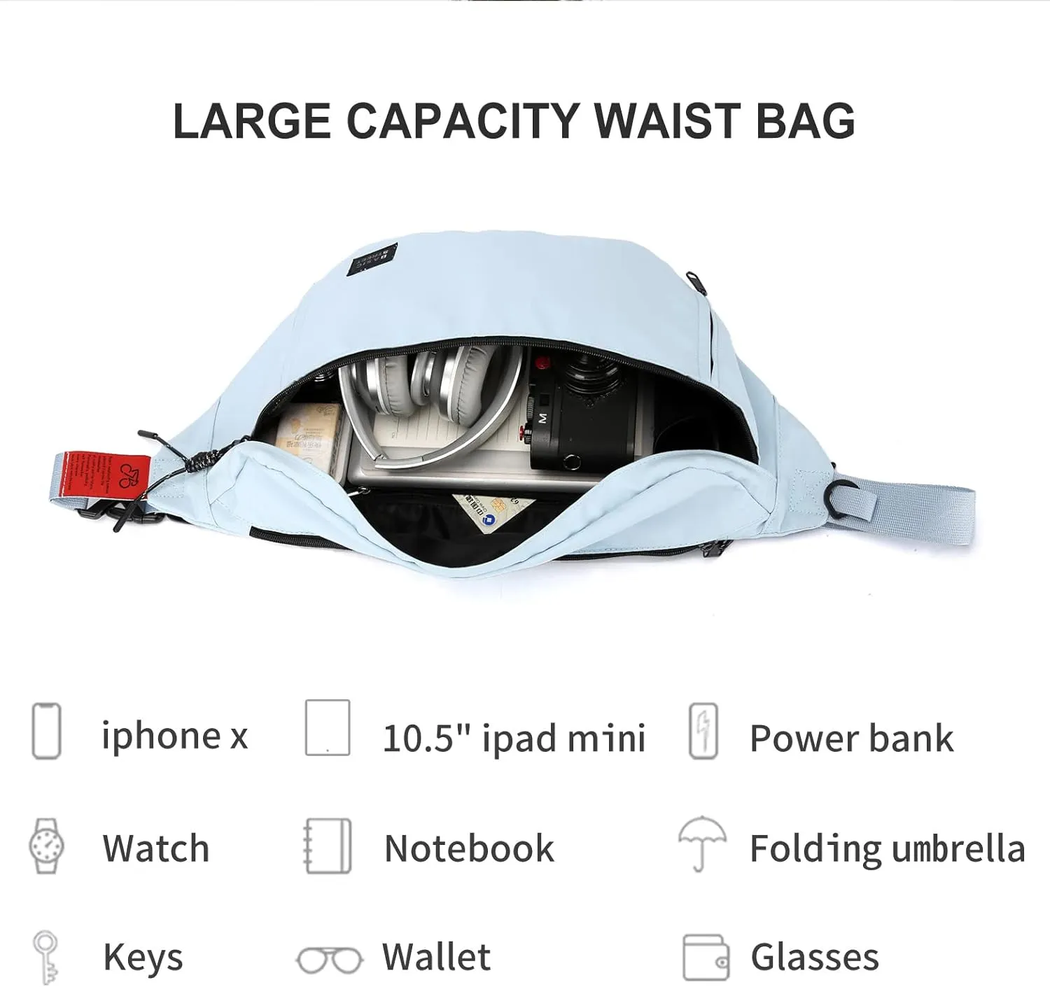 Large Crossbody Fanny Pack for Women Men,Waterproof Waist Bag Pack with Adjustable Strap & 5-Zipper Pockets,Light Blue