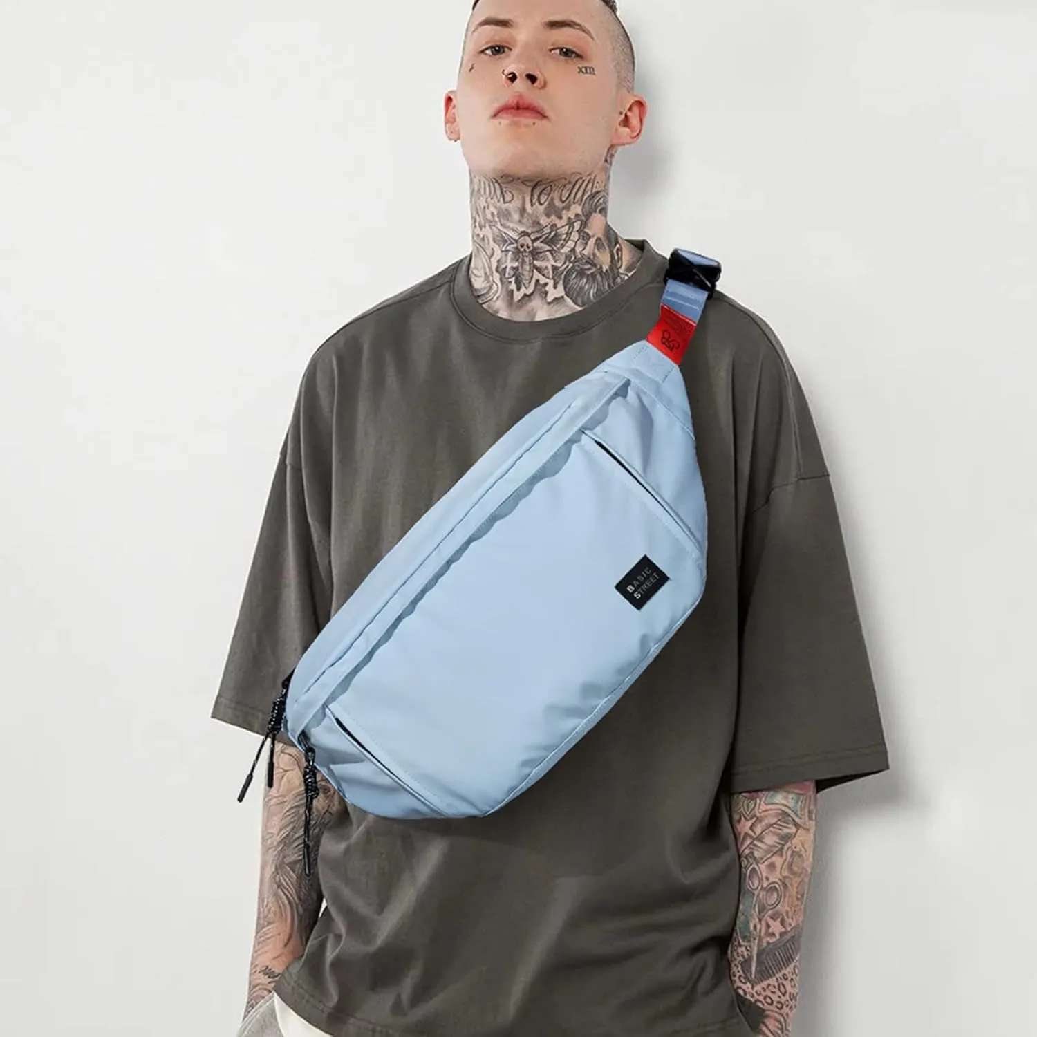 Large Crossbody Fanny Pack for Women Men,Waterproof Waist Bag Pack with Adjustable Strap & 5-Zipper Pockets,Light Blue