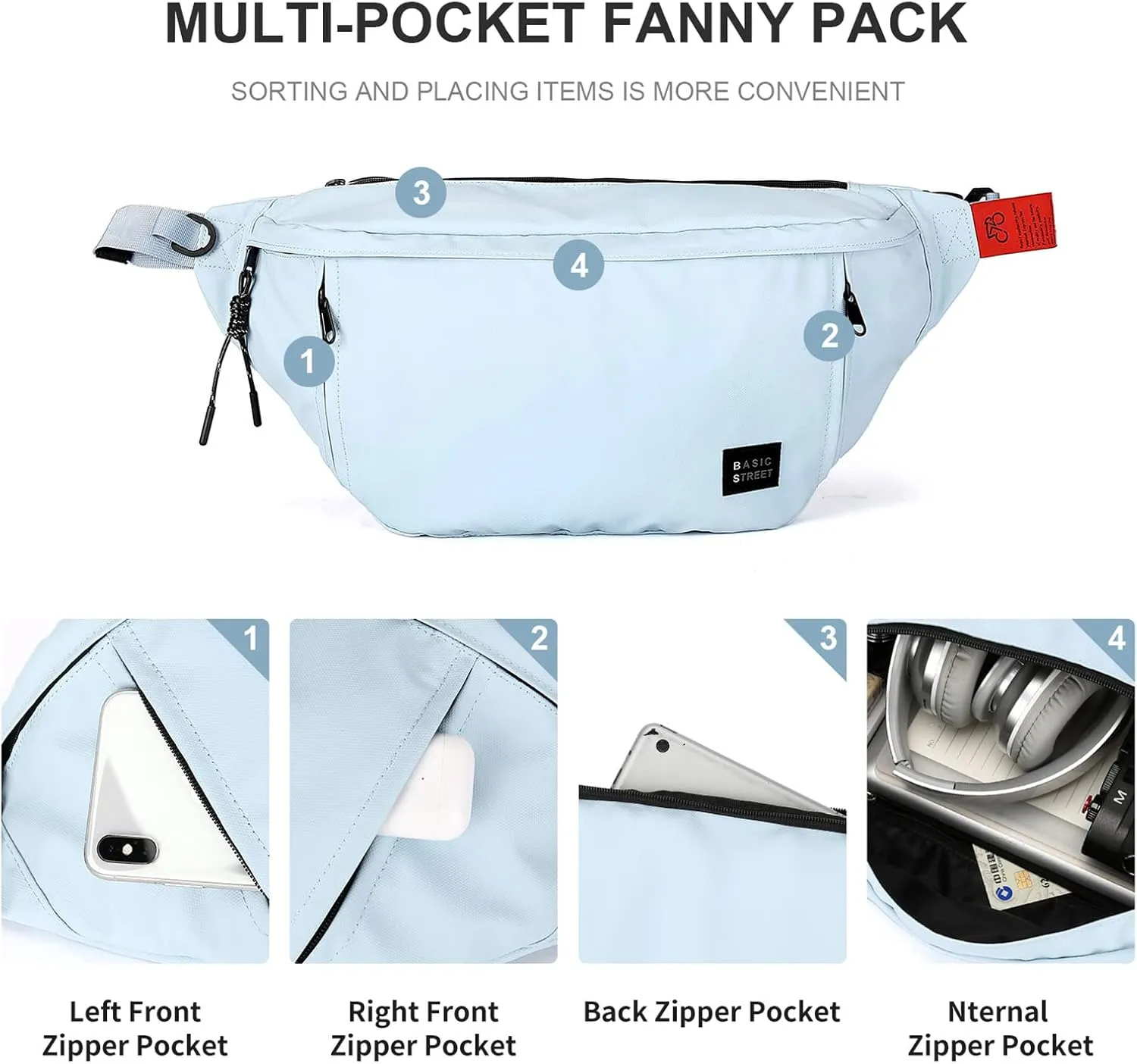 Large Crossbody Fanny Pack for Women Men,Waterproof Waist Bag Pack with Adjustable Strap & 5-Zipper Pockets,Light Blue