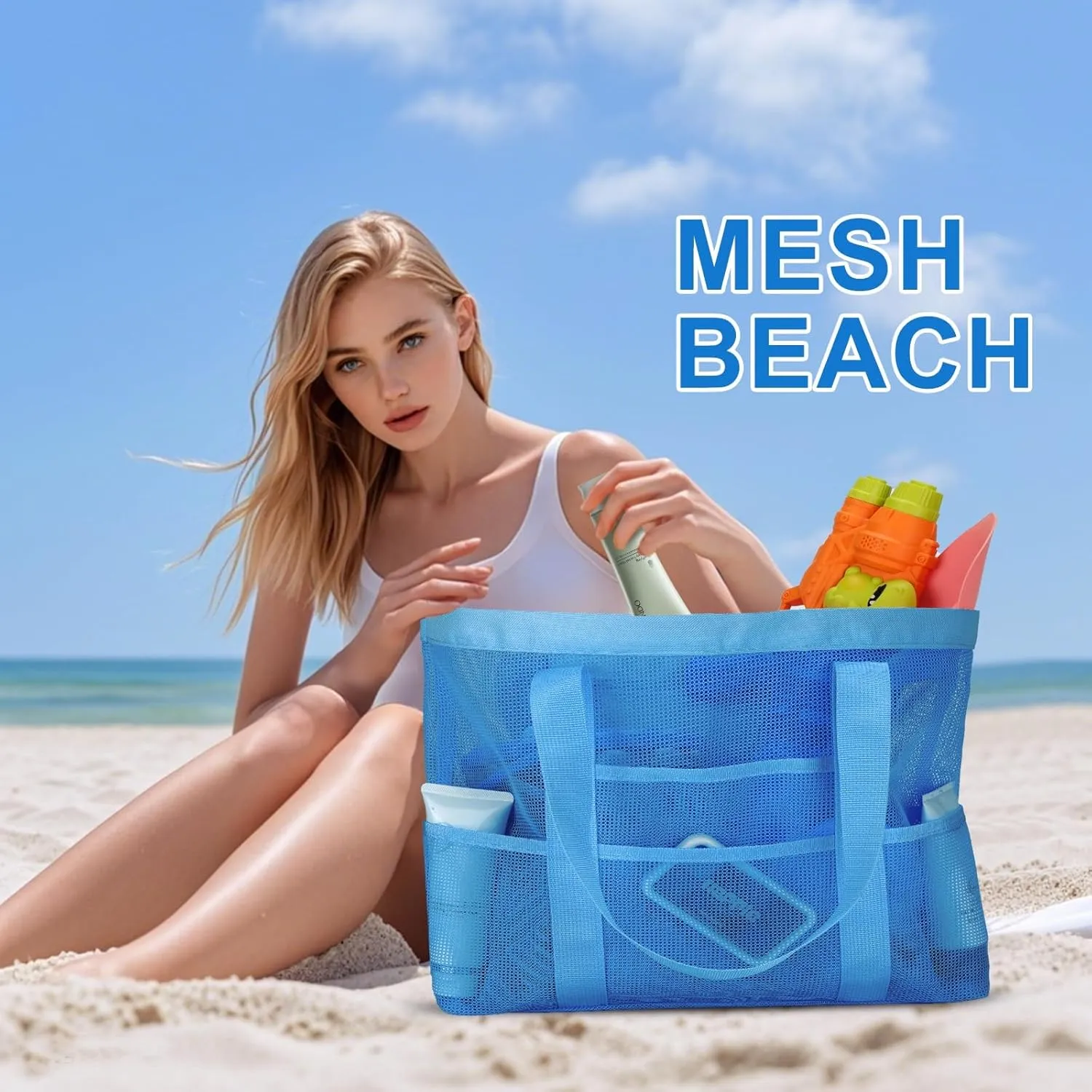 Large Mesh Beach Bag, Beach Tote Bags with 9 Pocket for Family
