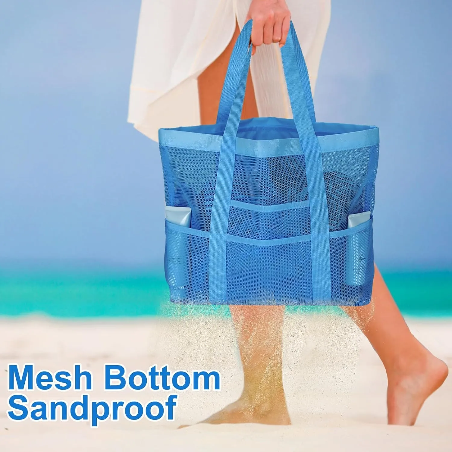 Large Mesh Beach Bag, Beach Tote Bags with 9 Pocket for Family