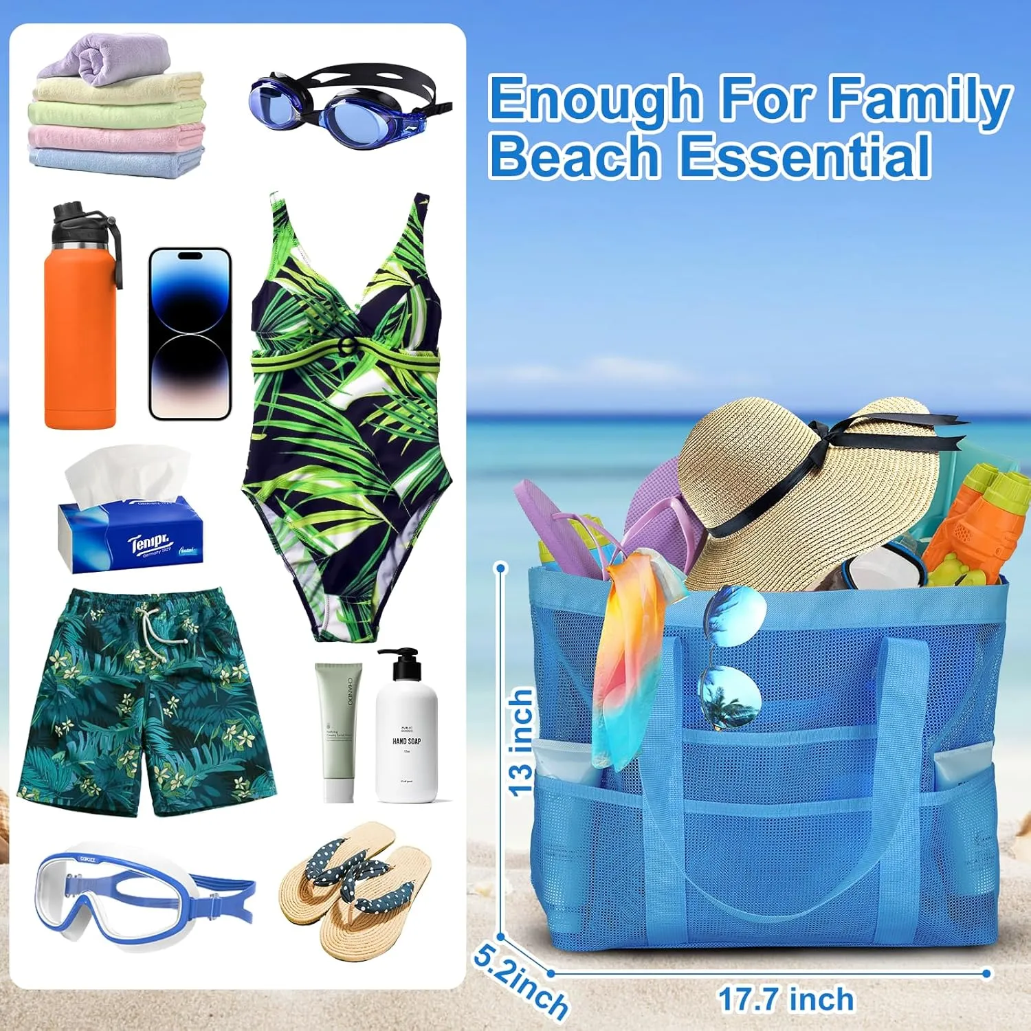 Large Mesh Beach Bag, Beach Tote Bags with 9 Pocket for Family