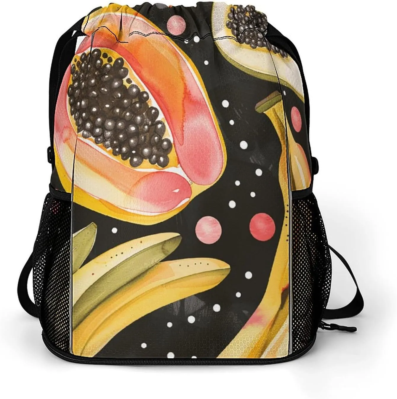 Large Sports Drawstring Backpack Banana And Papaya Printed with Dry-Wet Separation | Digital Print Gym Sack | Waterproof Fabric | Shoe Compartment & PVC Pocket | Hydration Mesh for Fitness, Travel, Wo