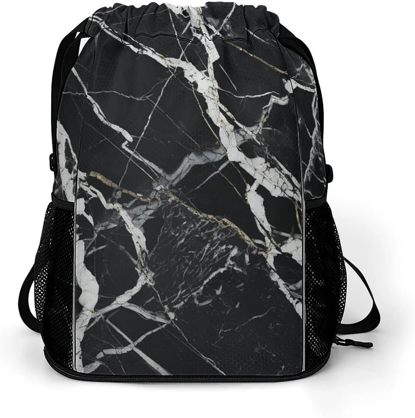 Large Sports Drawstring Backpack Black And White Marble Printed with Dry-Wet Separation | Digital Print Gym Sack | Waterproof Fabric | Shoe Compartment & PVC Pocket | Hydration Mesh for Fitness, Trave
