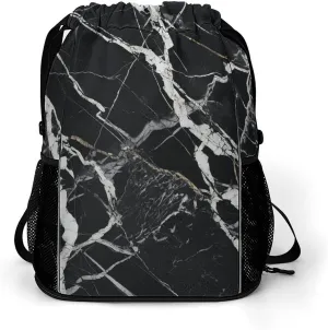 Large Sports Drawstring Backpack Black And White Marble Printed with Dry-Wet Separation | Digital Print Gym Sack | Waterproof Fabric | Shoe Compartment & PVC Pocket | Hydration Mesh for Fitness, Trave
