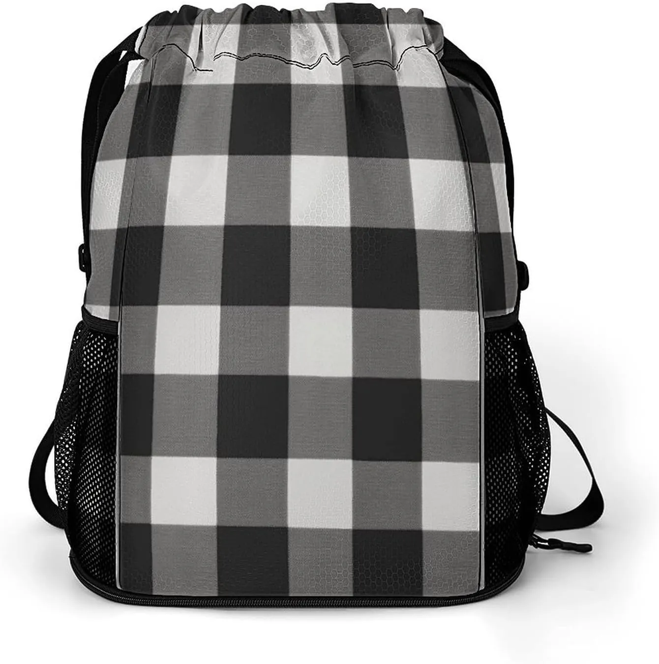 Large Sports Drawstring Backpack Black And White Plaid Printed with Dry-Wet Separation | Digital Print Gym Sack | Waterproof Fabric | Shoe Compartment & PVC Pocket | Hydration Mesh for Fitness, Travel