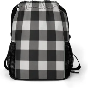 Large Sports Drawstring Backpack Black And White Plaid Printed with Dry-Wet Separation | Digital Print Gym Sack | Waterproof Fabric | Shoe Compartment & PVC Pocket | Hydration Mesh for Fitness, Travel