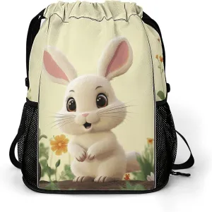 Large Sports Drawstring Backpack Cute Bunny Printed with Dry-Wet Separation | Digital Print Gym Sack | Waterproof Fabric | Shoe Compartment & PVC Pocket | Hydration Mesh for Fitness, Travel, Work