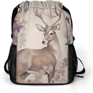 Large Sports Drawstring Backpack Deer Birds with Flowers Printed with Dry-Wet Separation | Digital Print Gym Sack | Waterproof Fabric | Shoe Compartment & PVC Pocket | Hydration Mesh for Fitness, Trav