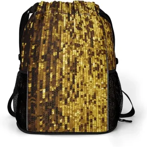 Large Sports Drawstring Backpack Gold Sequin Sparkle Printed with Dry-Wet Separation | Digital Print Gym Sack | Waterproof Fabric | Shoe Compartment & PVC Pocket | Hydration Mesh for Fitness, Travel,
