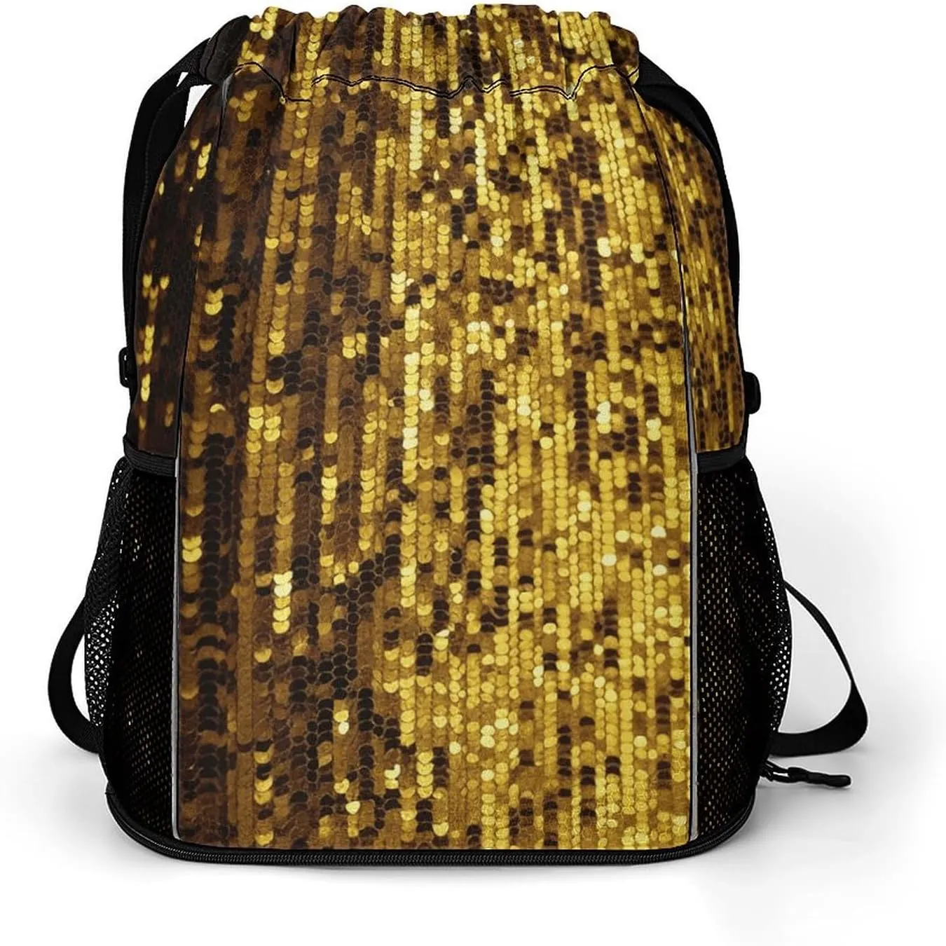 Large Sports Drawstring Backpack Gold Sequin Sparkle Printed with Dry-Wet Separation | Digital Print Gym Sack | Waterproof Fabric | Shoe Compartment & PVC Pocket | Hydration Mesh for Fitness, Travel,