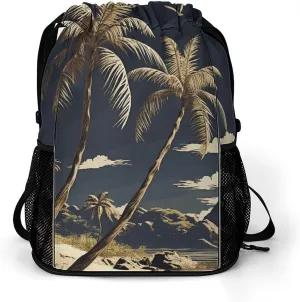 Large Sports Drawstring Backpack Palm Tree Printed with Dry-Wet Separation | Digital Print Gym Sack | Waterproof Fabric | Shoe Compartment & PVC Pocket | Hydration Mesh for Fitness, Travel, Work