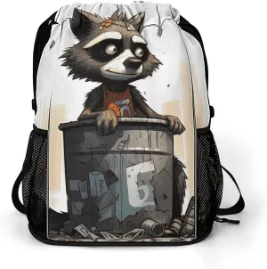 Large Sports Drawstring Backpack Raccoon on Trash Can Printed with Dry-Wet Separation | Digital Print Gym Sack | Waterproof Fabric | Shoe Compartment & PVC Pocket | Hydration Mesh for Fitness, Travel,