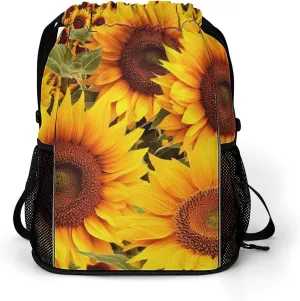 Large Sports Drawstring Backpack Sunflower Pattern Printed with Dry-Wet Separation | Digital Print Gym Sack | Waterproof Fabric | Shoe Compartment & PVC Pocket | Hydration Mesh for Fitness, Travel, Wo