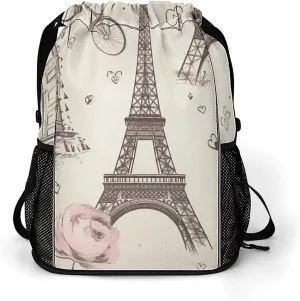 Large Sports Drawstring Backpack The Eiffel Tower Printed with Dry-Wet Separation | Digital Print Gym Sack | Waterproof Fabric | Shoe Compartment & PVC Pocket | Hydration Mesh for Fitness, Travel, Wor