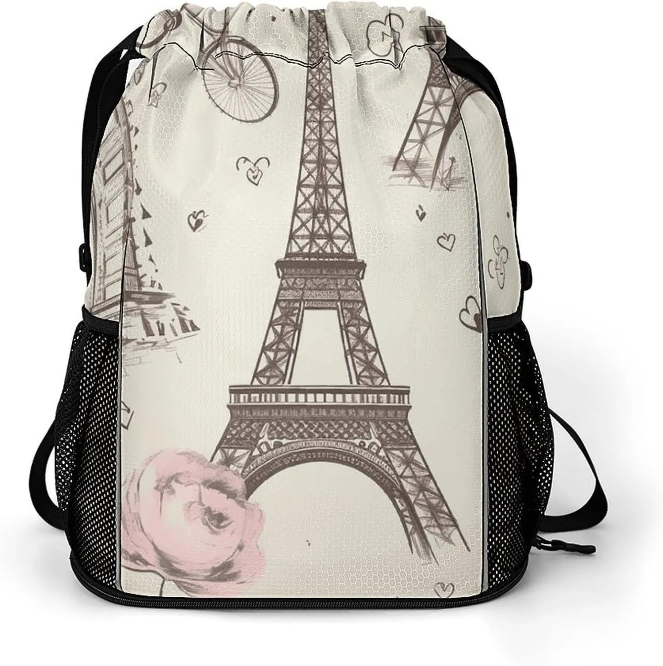 Large Sports Drawstring Backpack The Eiffel Tower Printed with Dry-Wet Separation | Digital Print Gym Sack | Waterproof Fabric | Shoe Compartment & PVC Pocket | Hydration Mesh for Fitness, Travel, Wor
