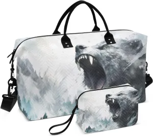 Large Travel Duffel Bag, Bear Roar Watercolor Sport Tote Gym Bag, Shoulder Weekender Overnight Bag for Women Men, Carry On Luggage with Toiletry Bag