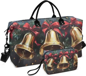 Large Travel Duffel Bag, Christmas Bell Red Green Sport Tote Gym Bag, Shoulder Weekender Overnight Bag for Women Men, Carry On Luggage with Toiletry Bag