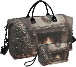 Large Travel Duffel Bag, Christmas Tree Fireplace Sport Tote Gym Bag, Shoulder Weekender Overnight Bag for Women Men, Carry On Luggage with Toiletry Bag