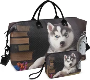 Large Travel Duffel Bag, Cute Husky Watch Book Sport Tote Gym Bag, Shoulder Weekender Overnight Bag for Women Men, Carry On Luggage with Toiletry Bag