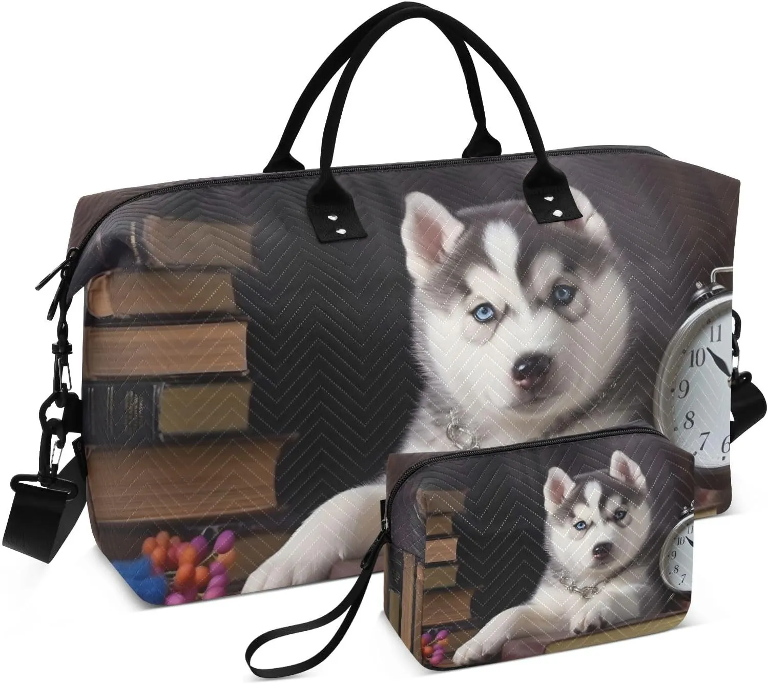 Large Travel Duffel Bag, Cute Husky Watch Book Sport Tote Gym Bag, Shoulder Weekender Overnight Bag for Women Men, Carry On Luggage with Toiletry Bag