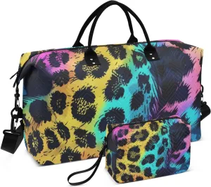 Large Travel Duffel Bag, Fur Black Yellow Leopard Sport Tote Gym Bag, Shoulder Weekender Overnight Bag for Women Men, Carry On Luggage with Toiletry Bag