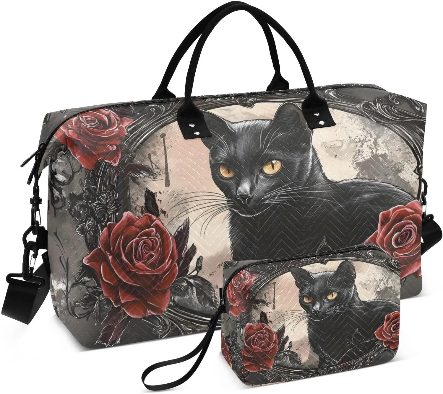 Large Travel Duffel Bag, Gothic Cat Red Rose Sport Tote Gym Bag, Shoulder Weekender Overnight Bag for Women Men, Carry On Luggage with Toiletry Bag