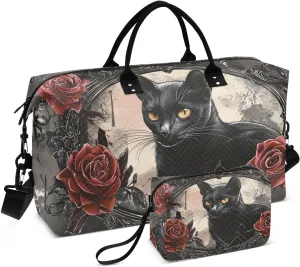 Large Travel Duffel Bag, Gothic Cat Red Rose Sport Tote Gym Bag, Shoulder Weekender Overnight Bag for Women Men, Carry On Luggage with Toiletry Bag