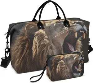 Large Travel Duffel Bag, Roar Lion Face Sports Tote Gym Bag, Shoulder Weekender Overnight Bag for Women Men, Carry On Luggage with Toiletry Bags