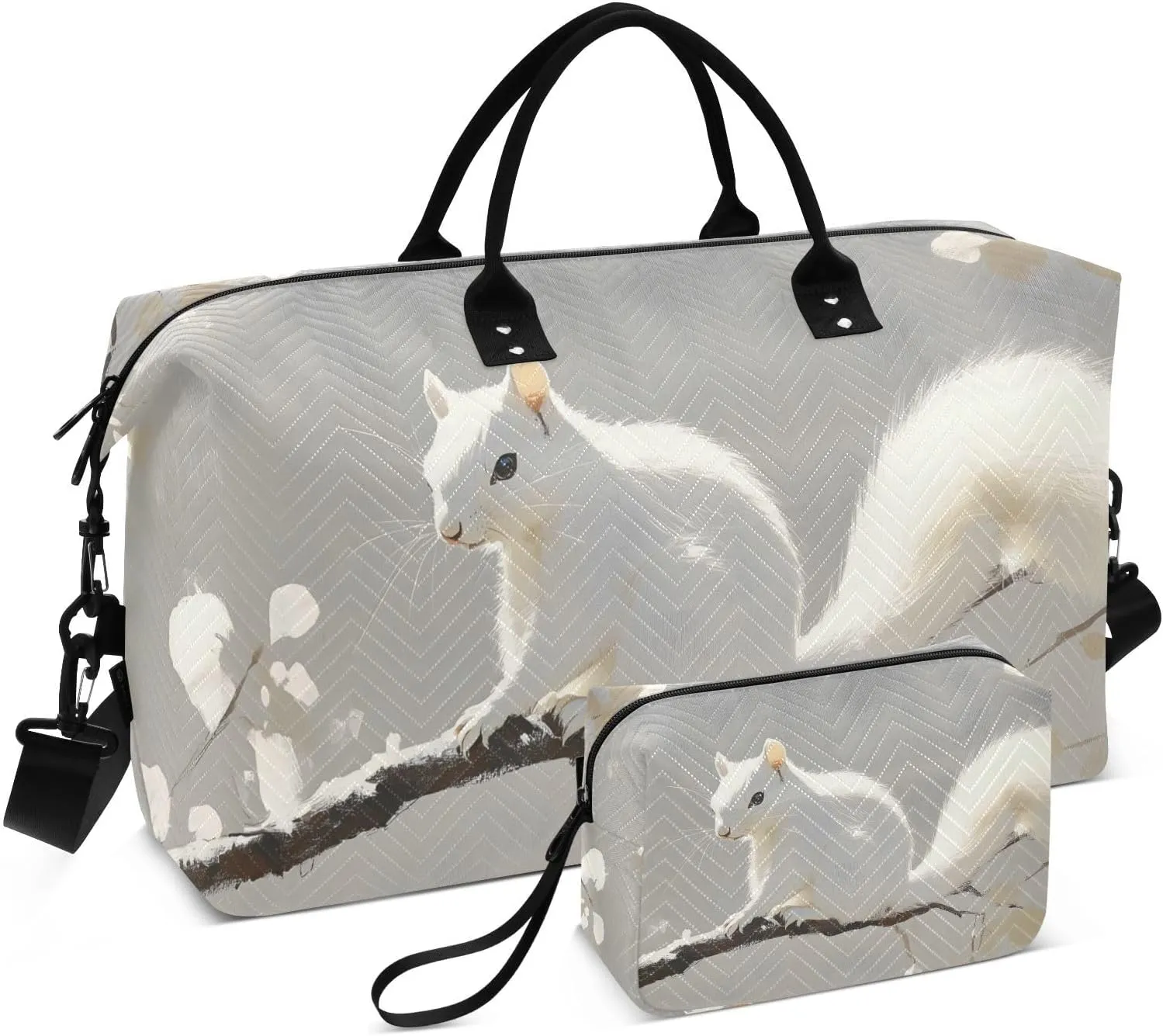 Large Travel Duffel Bag, Squirrel Branch White Sport Tote Gym Bags, Shoulder Weekender Overnight Bags for Women Men, Carry On Luggage with Toiletry Bag